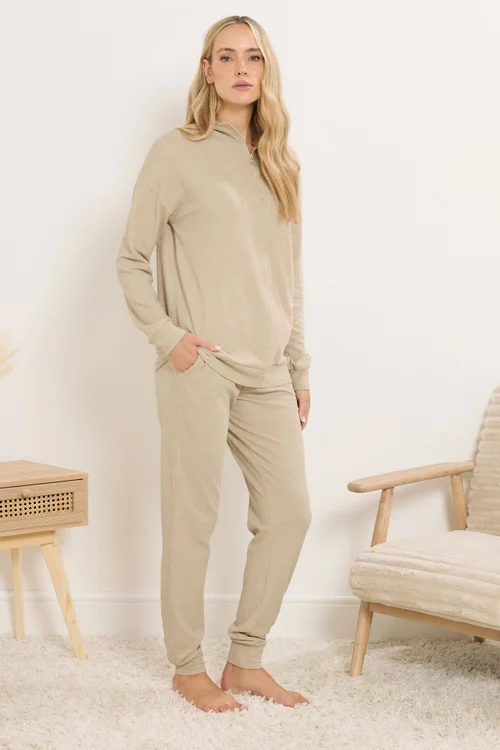 Long Tall Sally Beige Brown Waffle Lounge Trousers - Size 8 Image 1
