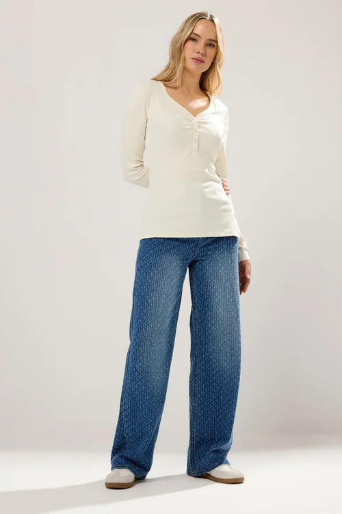Long Tall Sally Ivory White Cotton Ribbed Henley Top - 20 Image 2