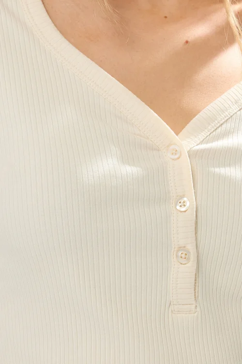 Long Tall Sally Ivory White Cotton Ribbed Henley Top - 20 Image 4