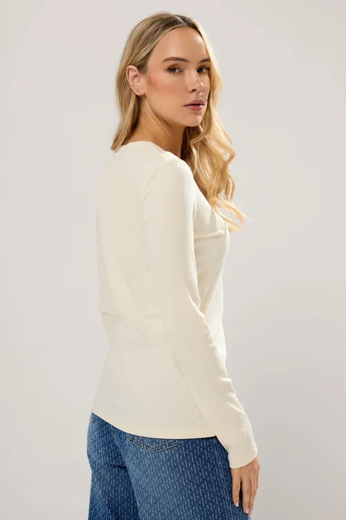 Long Tall Sally Ivory White Cotton Ribbed Henley Top - 20 Image 3