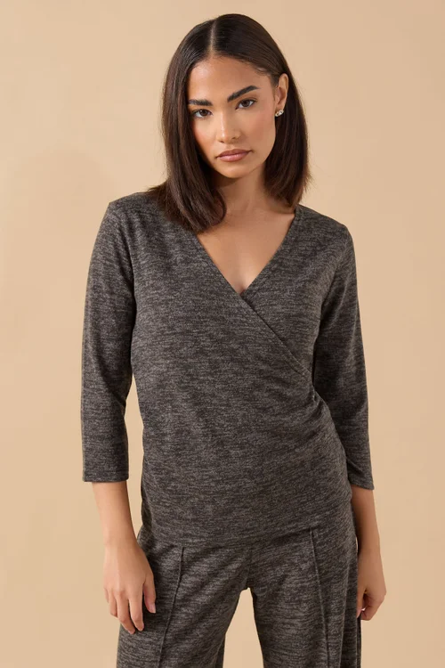 PixieGirl Petite Chocolate Brown Marl Wrap Top - 10 Image 1