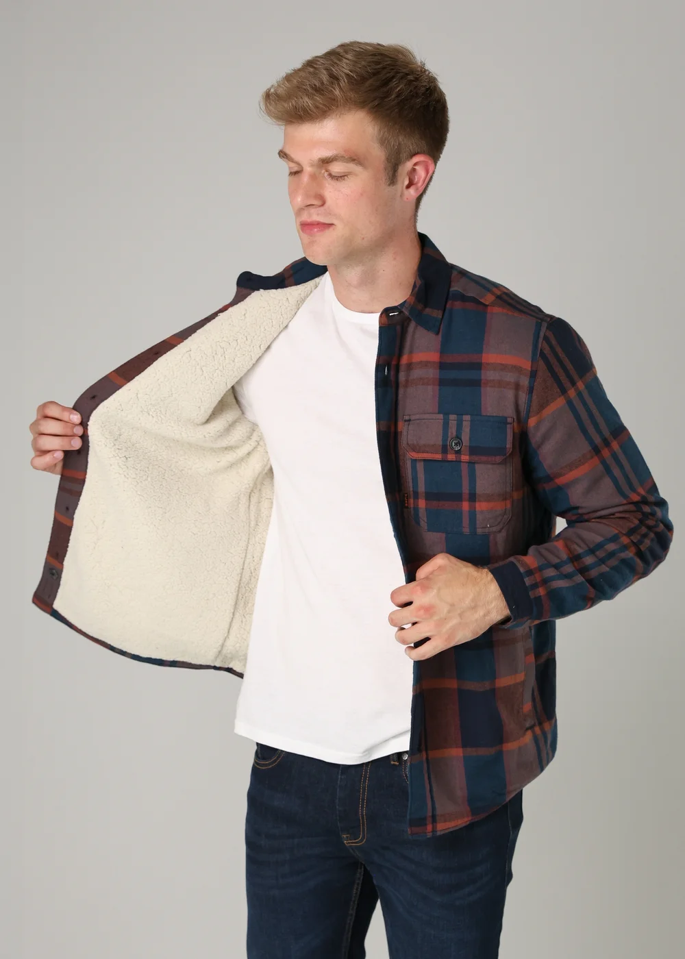 Tokyo Laundry Navy Cotton Checked Long Sleeve Shirt with Sherpa Lining - L Image 3