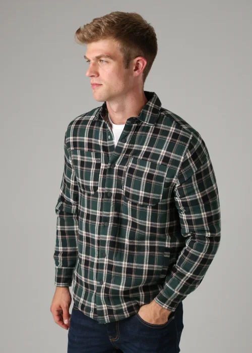 Tokyo Laundry Dark Green Checked Padded Shirt with Sherpa Lining - L Image 1