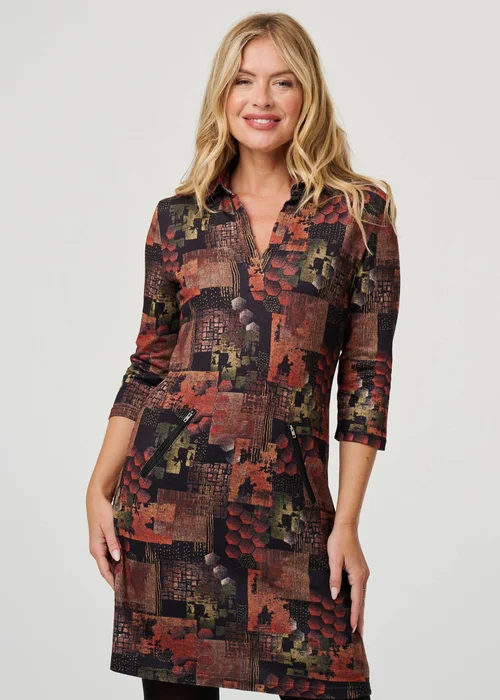 Izabel London Brown Printed 3/4 Sleeve Collared Short Dress - 10 Image 4