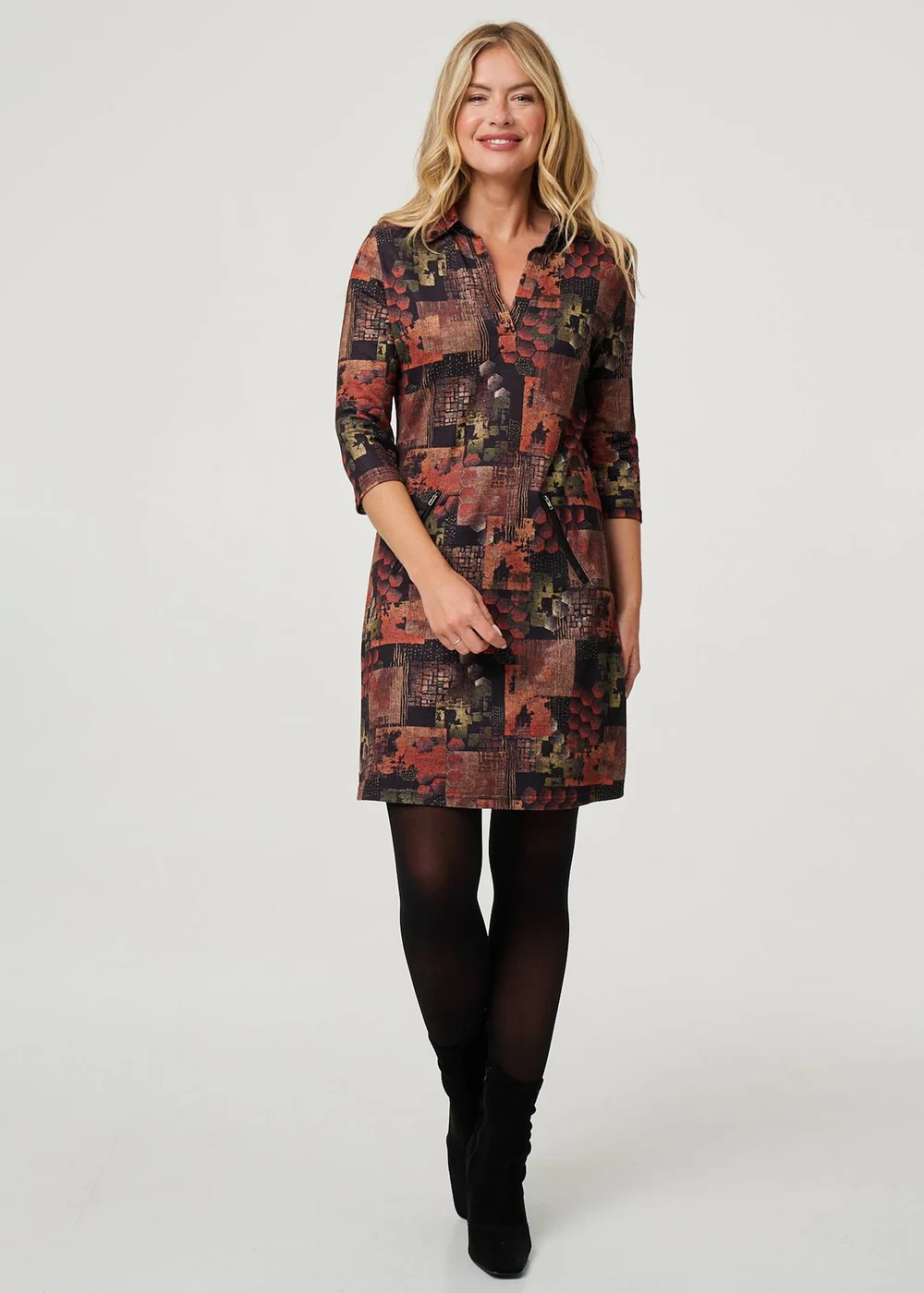 Izabel London Brown Printed 3/4 Sleeve Collared Short Dress - 10 Image 1