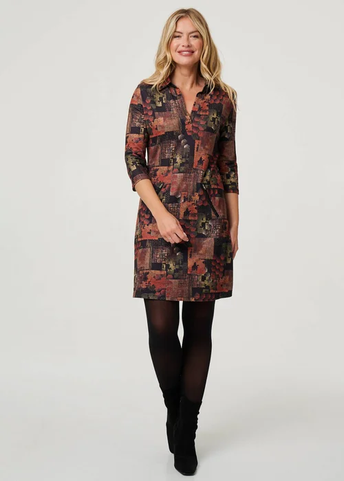 Izabel London Brown Printed 3/4 Sleeve Collared Short Dress - 10 Image 1