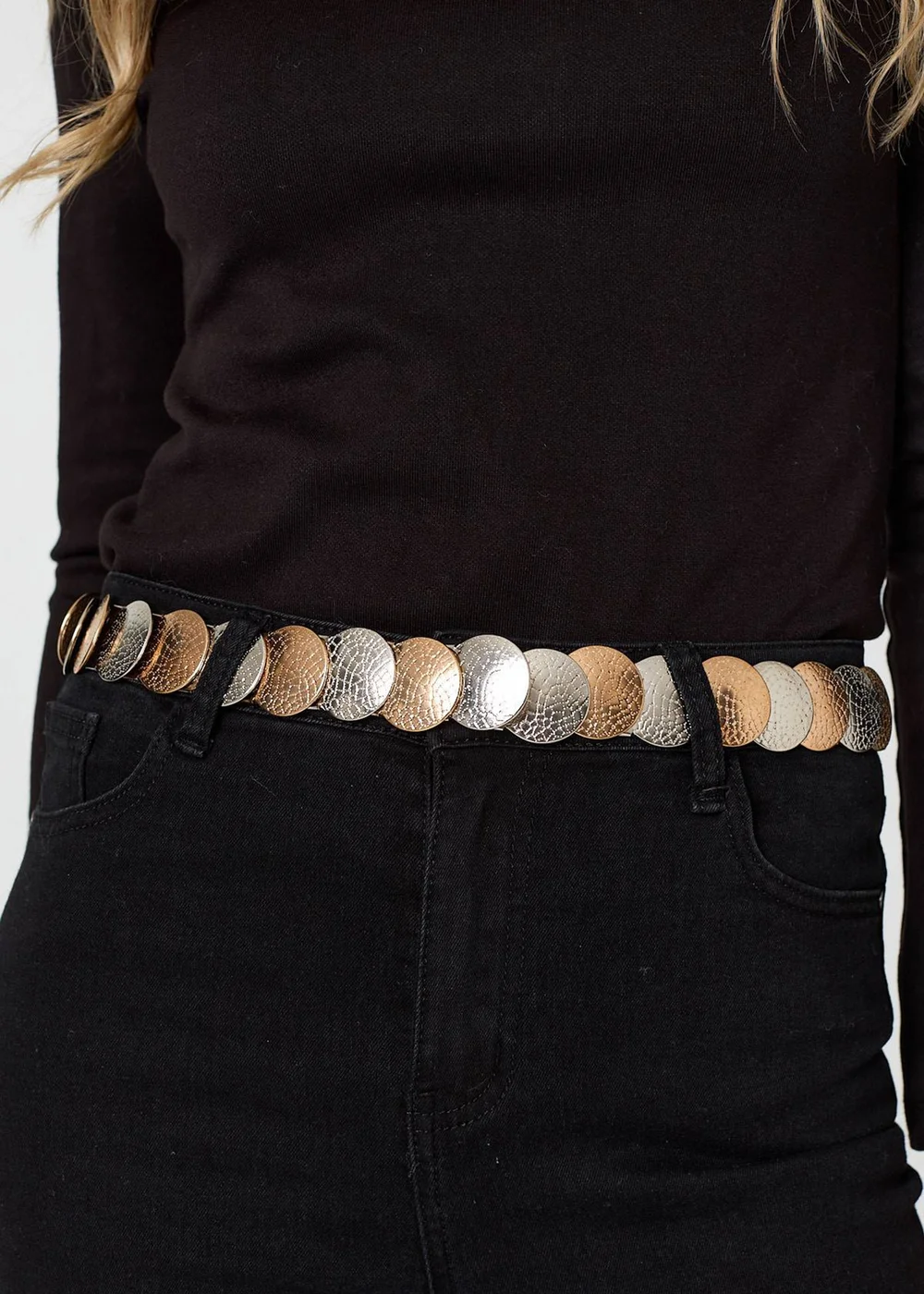 Izabel London Silver Two Tone Metallic Coin Detail Belt - One Size Image 3