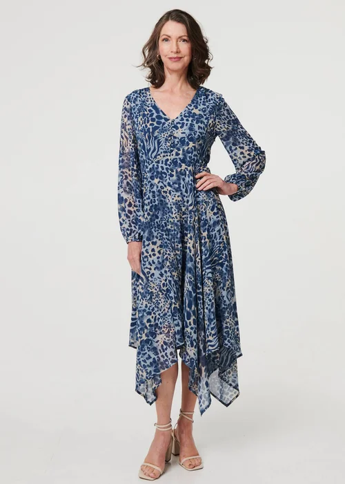Izabel London Blue Animal Print Sheer Hanky Hem Midi Dress - 14 Image 1