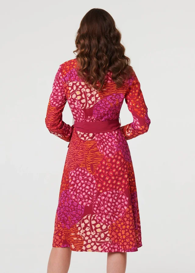 Izabel London Pink Printed Long Sleeve Collared Midi Dress