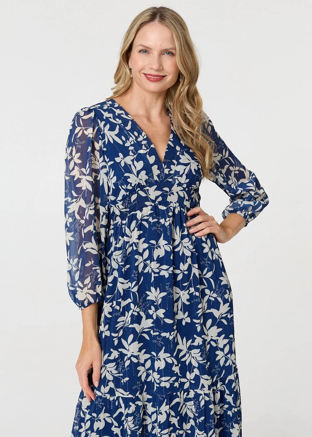 Izabel London Navy Leaf Print Sheer Layer Empire Maxi Dress - 18 | Matalan Izabel London Navy Leaf Print Sheer Layer Empire Maxi Dress - 18 | Matalan