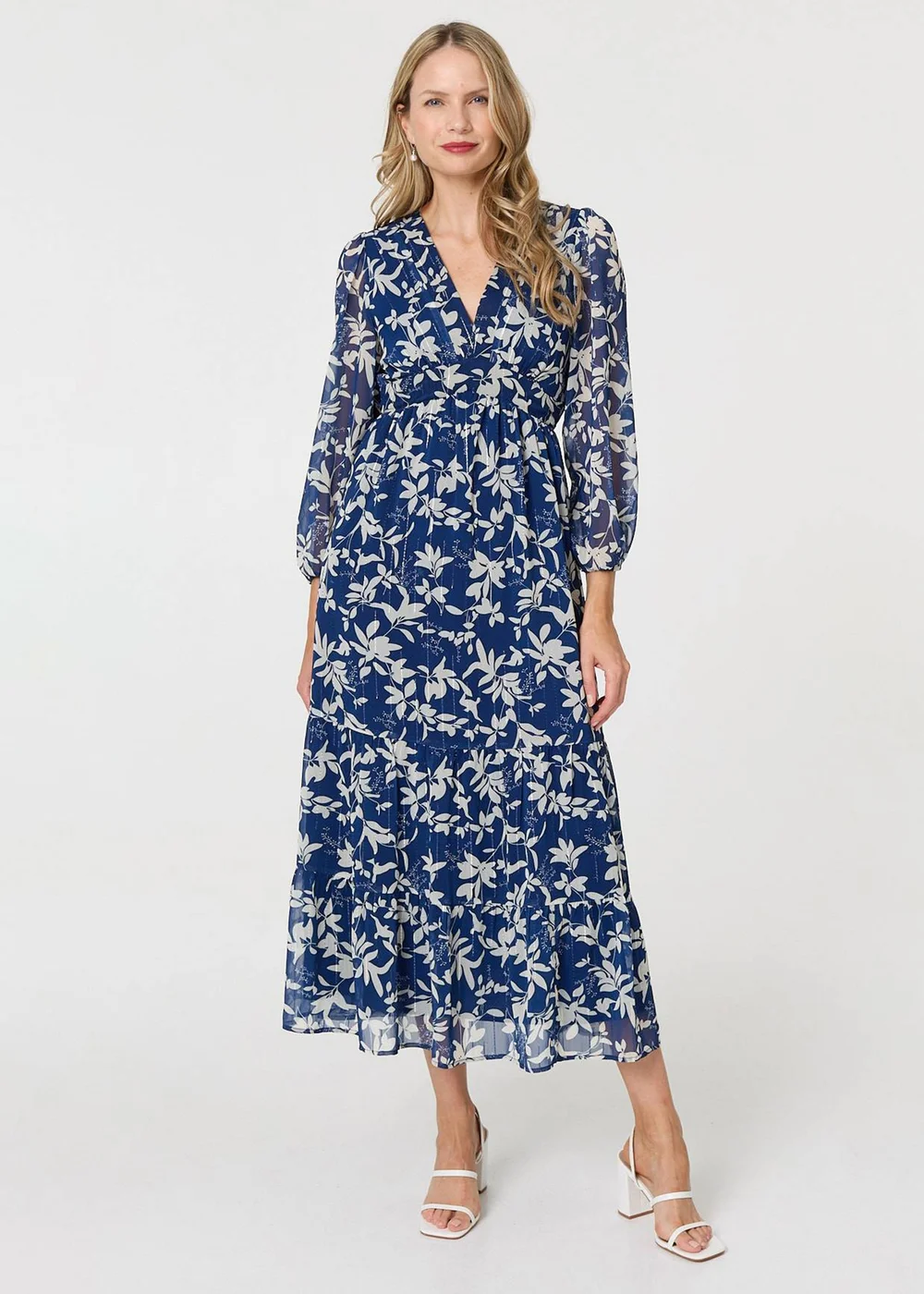 Izabel London Navy Leaf Print Sheer Layer Empire Maxi Dress - 18 Izabel London Navy Leaf Print Sheer Layer Empire Maxi Dress - 18