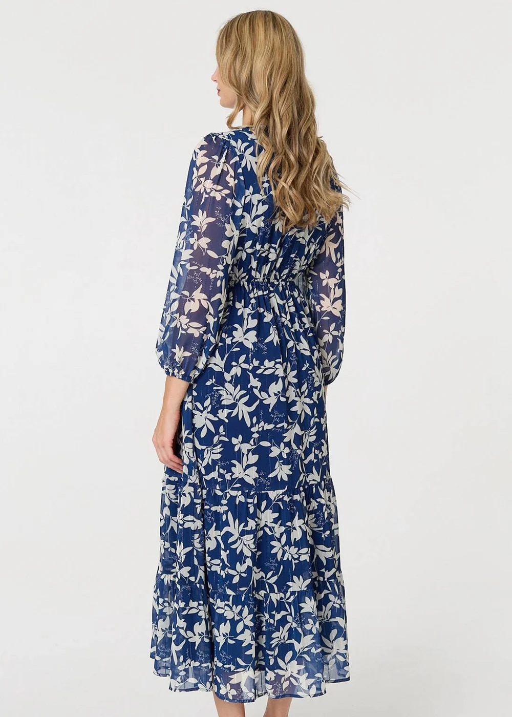 Izabel London Navy Leaf Print Sheer Layer Empire Maxi Dress - 18 | Matalan Izabel London Navy Leaf Print Sheer Layer Empire Maxi Dress - 18 | Matalan