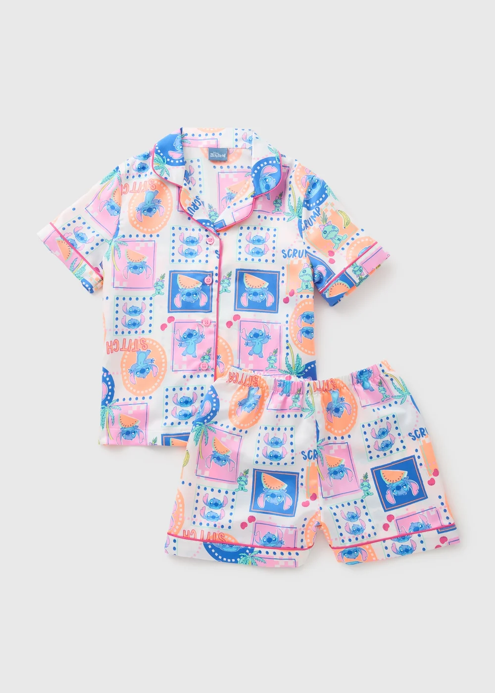 Disney Stitch Girls White Satin Short Pyjama Set (5-13yrs) - Age 5 Years Image 1