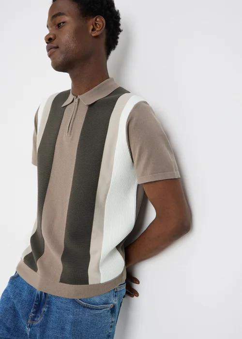 Stone Colour Block Knitted Polo Shirt - L Image 1