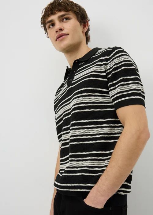 Black Stripe Knitted Polo Shirt - M Image 1