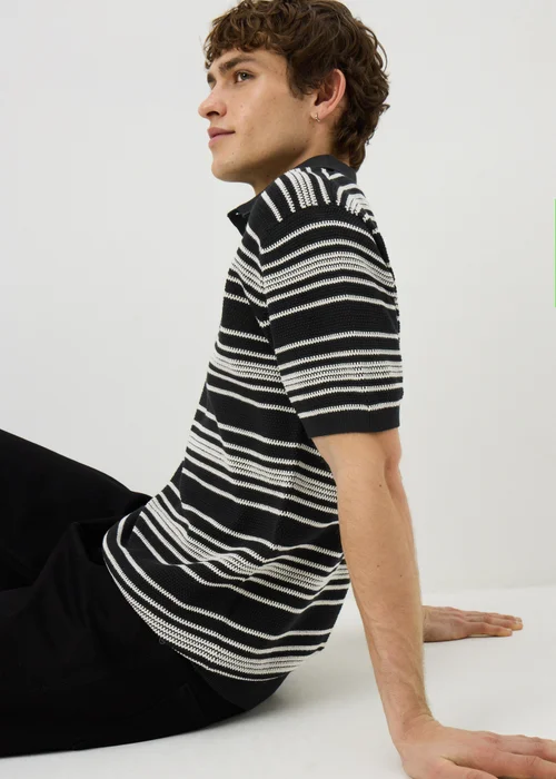 Black Stripe Knitted Polo Shirt - M Image 2