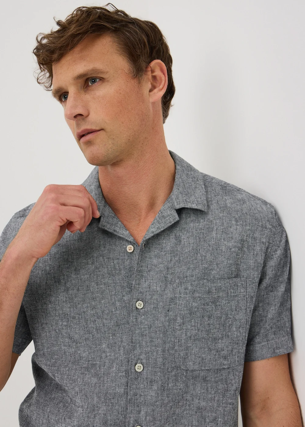 Slate Linen Blend Revere Short Sleeve Shirt - L Image 2