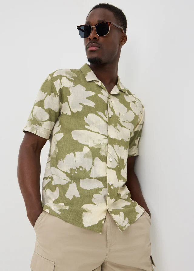Khaki Floral Linen Blend Shirt