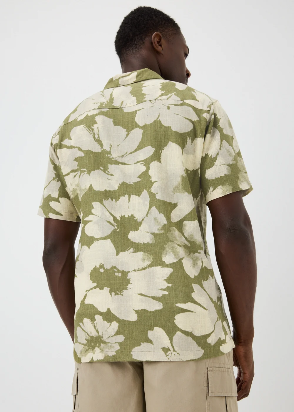 Khaki Floral Linen Blend Shirt - Large Image 2