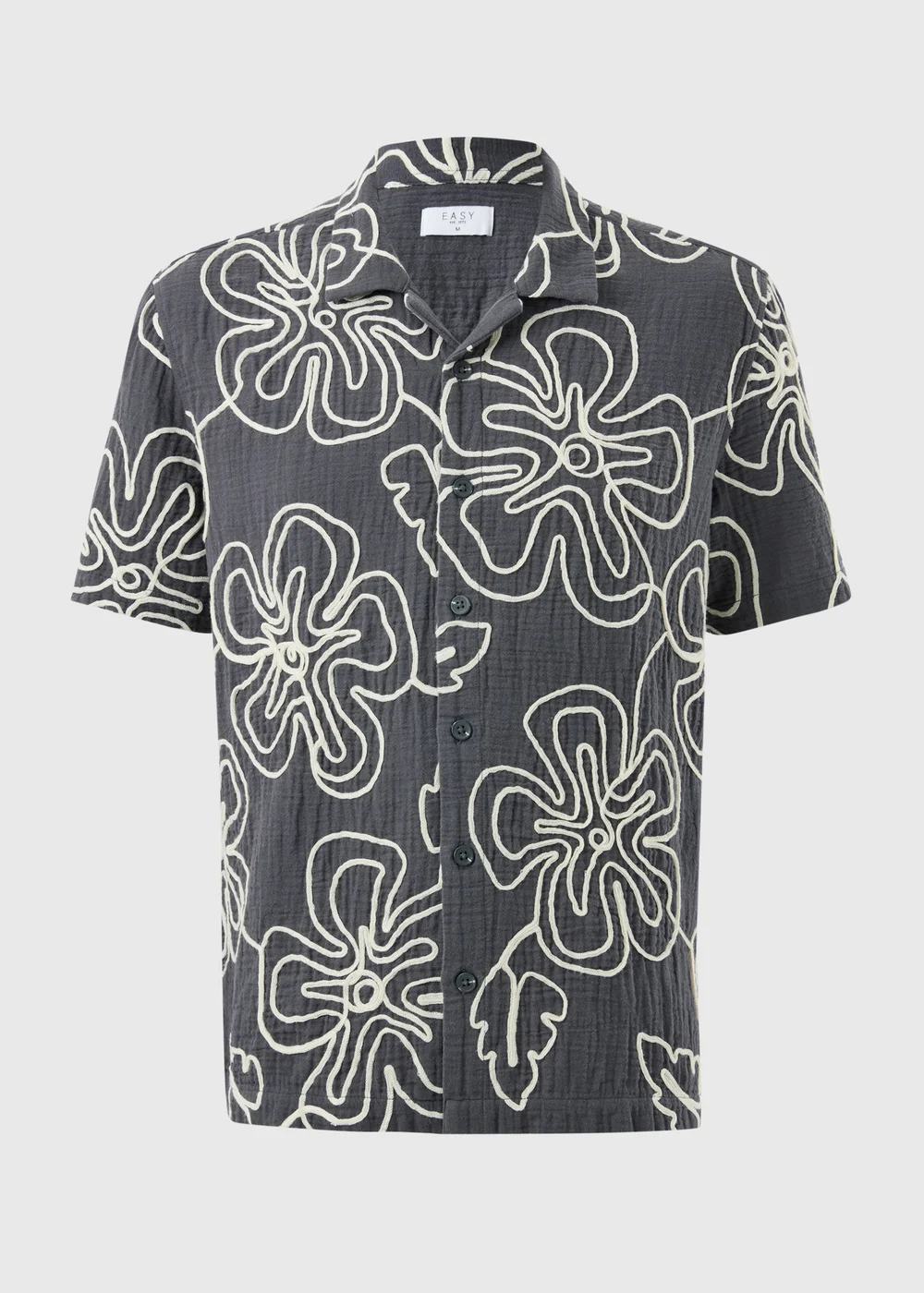 Navy Flower Embroidered Double Cloth Shirt - Small Image 3