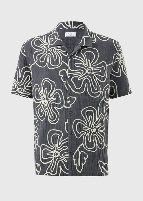 Navy Flower Embroidered Double Cloth Shirt - Small Image 3