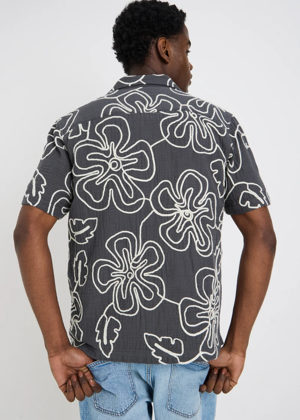 Navy Flower Embroidered Double Cloth Shirt - Small Image 2