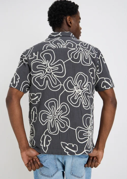 Navy Flower Embroidered Double Cloth Shirt - Small Image 2