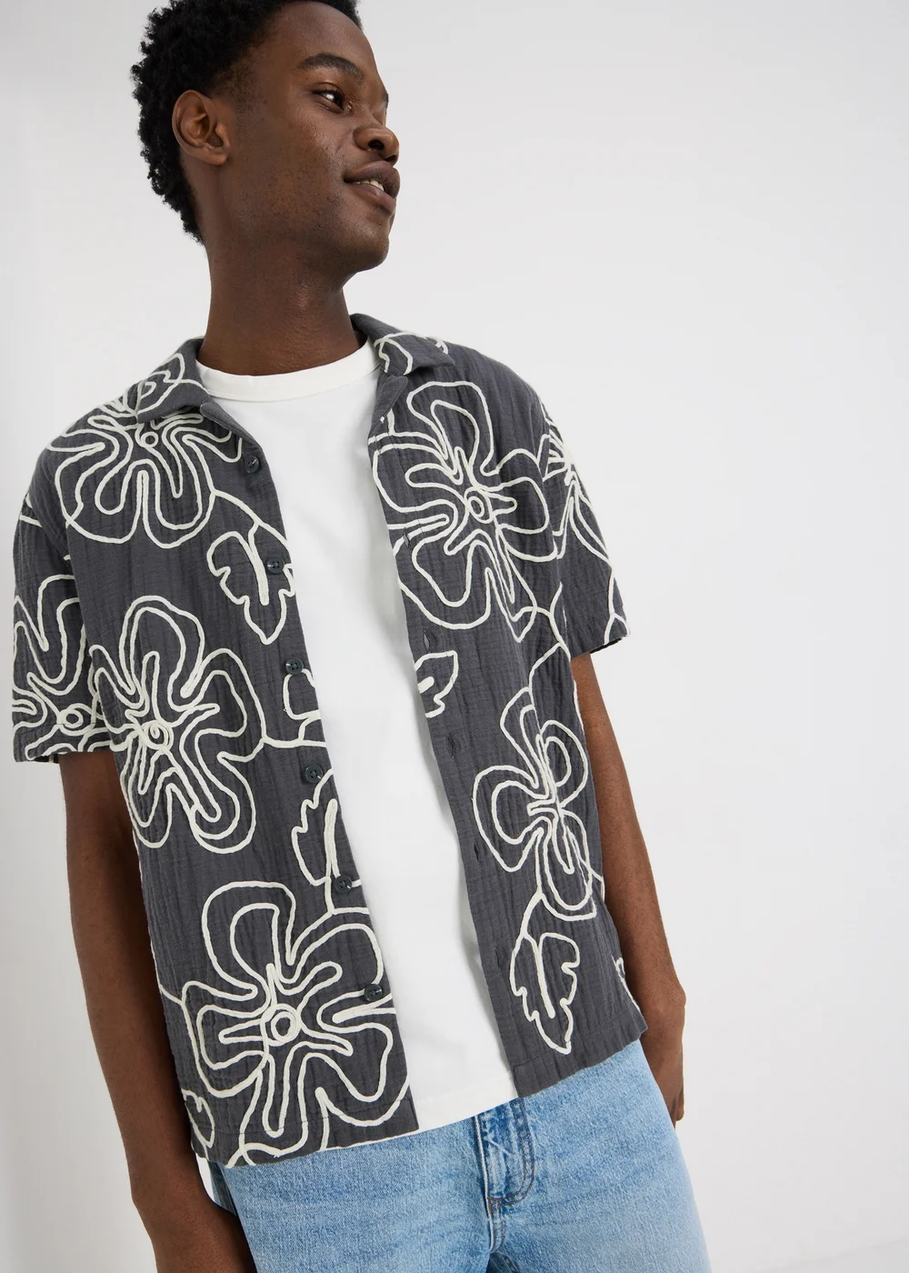 Navy Flower Embroidered Double Cloth Shirt - Small Image 1