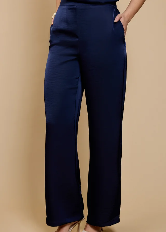 Little Mistress Navy Satin Wide Leg Trousers by Vicky Pattison