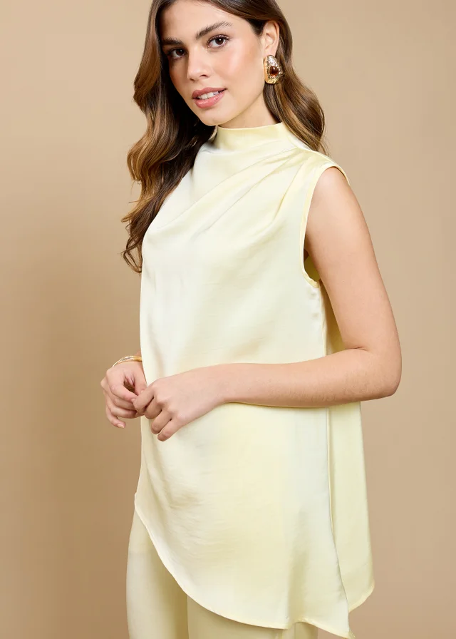 Little Mistress Lemon Satin Asymmetric Drape Top by Vicky Pattison