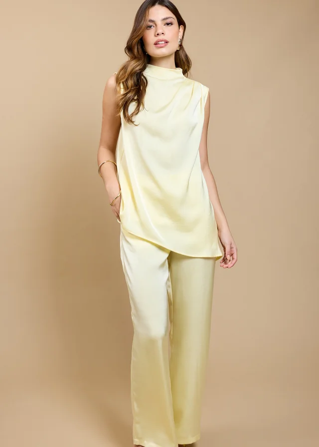 Little Mistress Lemon Satin Wide Leg Trousers by Vicky Pattison