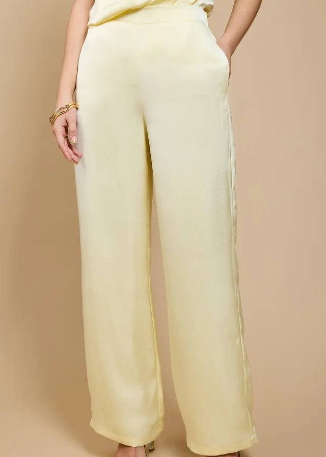 Little Mistress Lemon Satin Wide Leg Trousers by Vicky Pattison