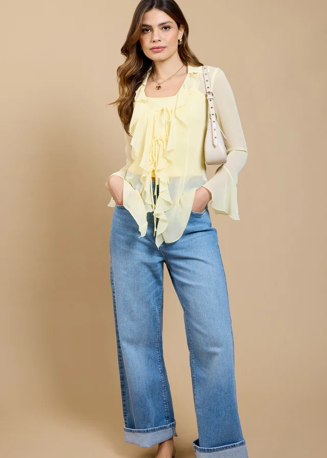 Little Mistress Lemon Satin Jacquard Frill Top by Vicky Pattison