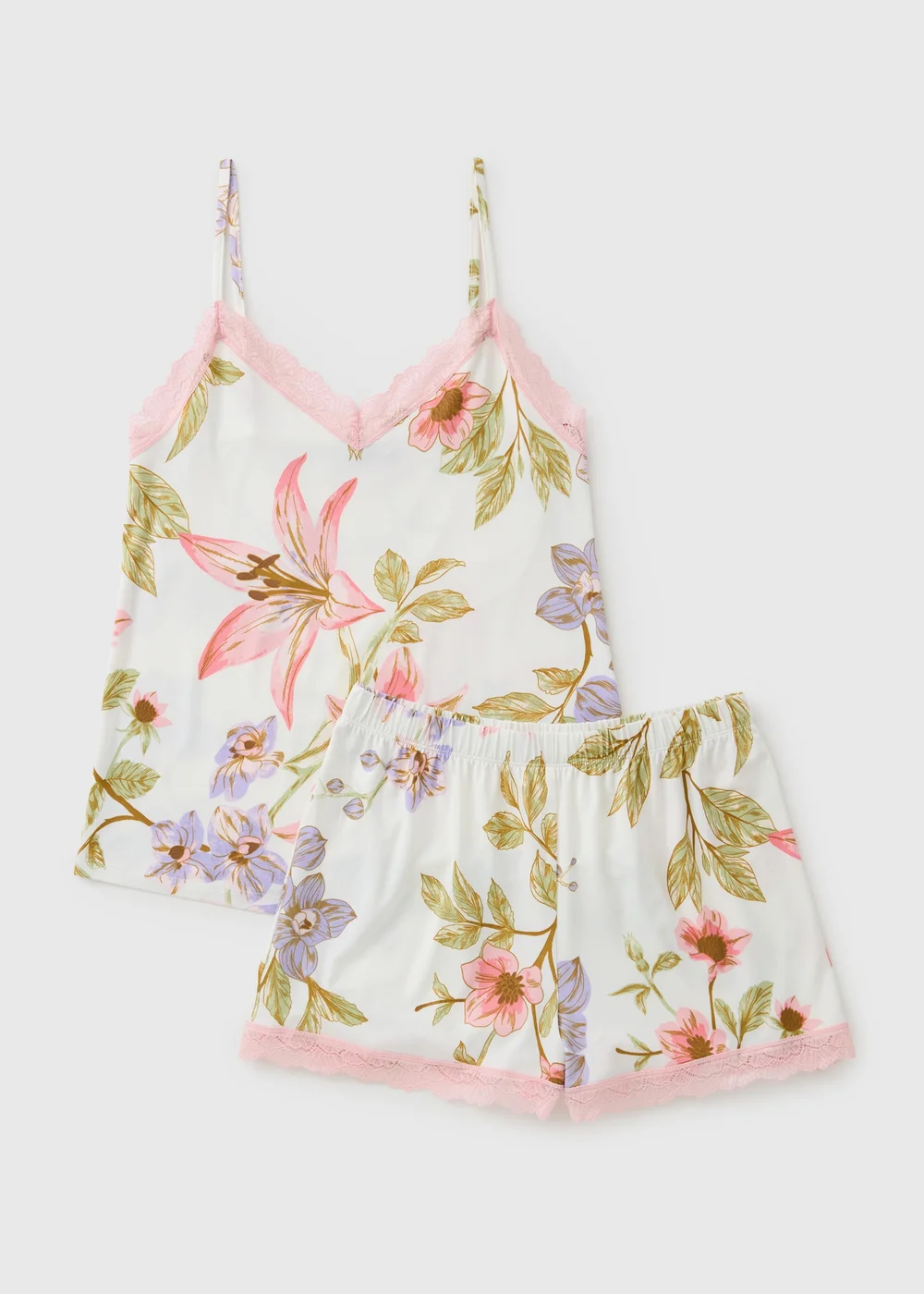 Cream Floral Soft Touch Cami Short Pyjama Set - XS Image 3