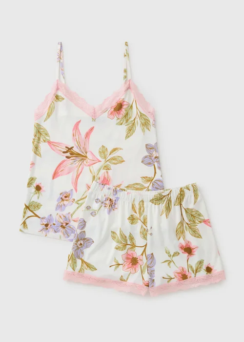 Cream Floral Soft Touch Cami Short Pyjama Set - XS Image 3