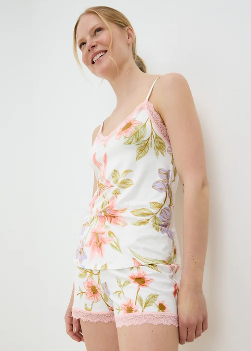 Cream Floral Soft Touch Cami Short Pyjama Set - XS Image 1