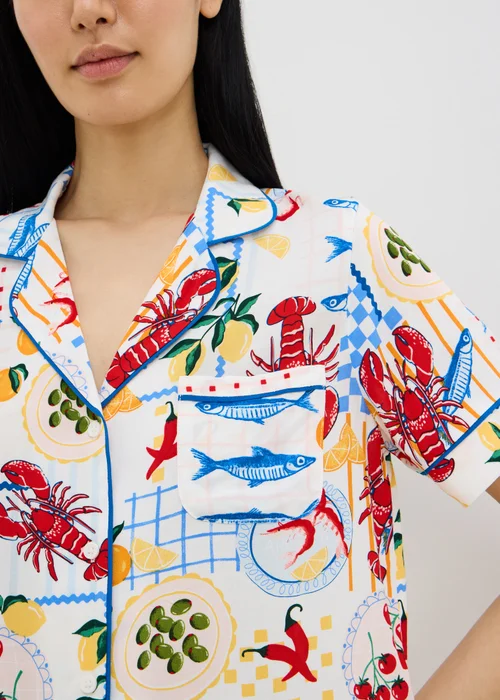 White Lobster Print Supersoft Traditional Button Up Pyjama Set - Size 8 Image 2