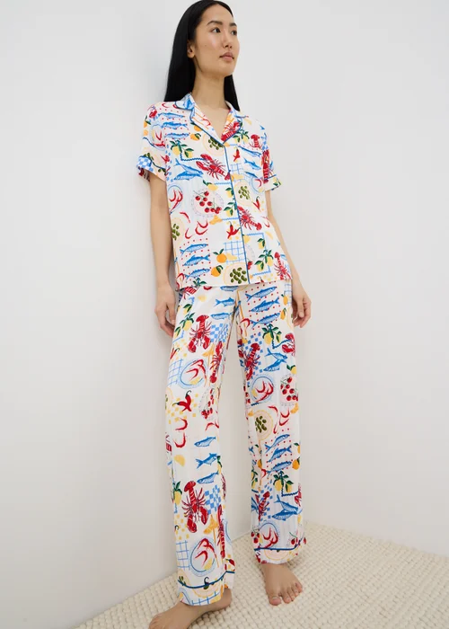 White Lobster Print Supersoft Traditional Button Up Pyjama Set - Size 8 Image 1