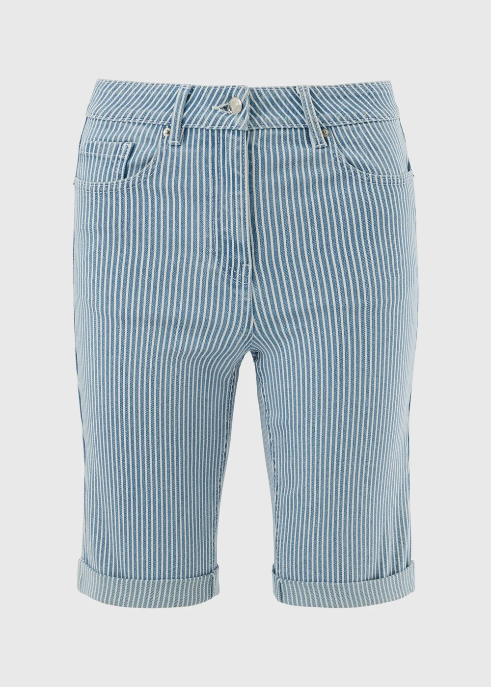 Blue Stripe Knee Length Denim Shorts - 10 Image 4