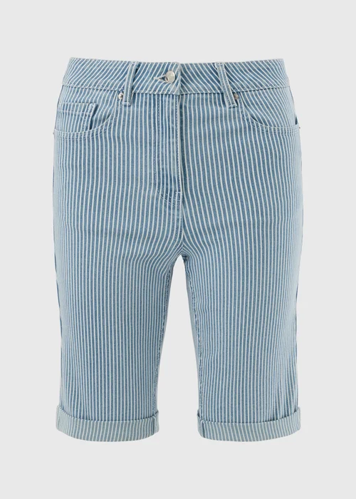 Blue Stripe Knee Length Denim Shorts - 10 Image 4