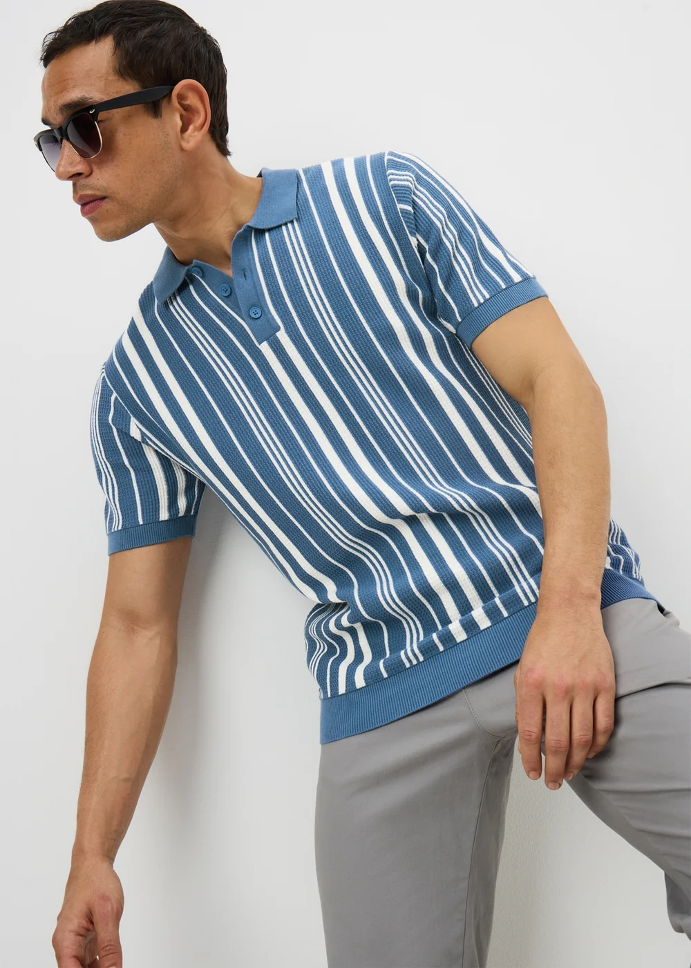 Blue Stripe Knitted Polo Shirt - S Image 1