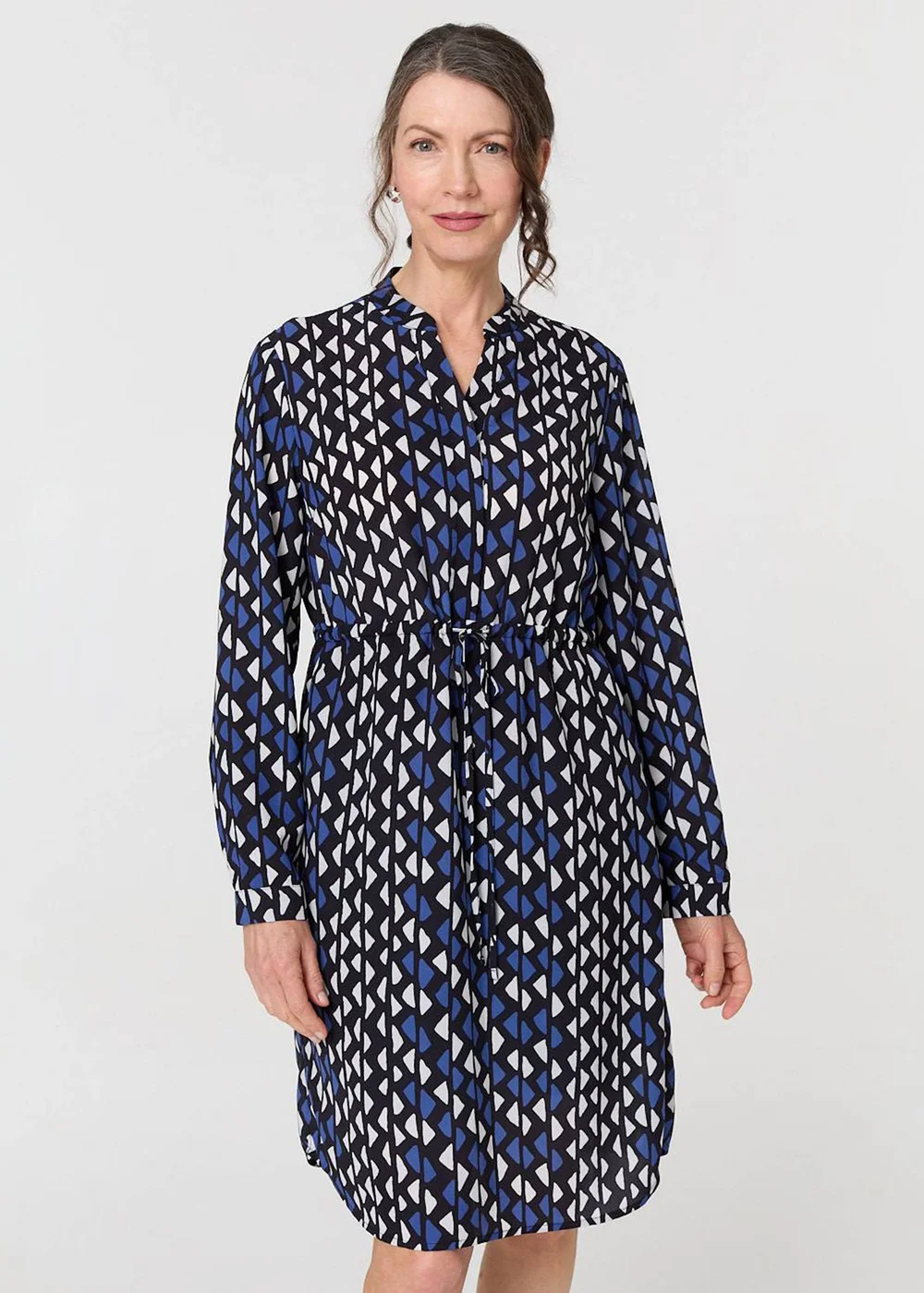 Izabel London Blue Geo Print Tie Waist Knee Length Dress - 8 Image 1