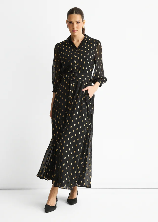 Gini London Black Chiffon Foil Belted Maxi Shirt Dress
