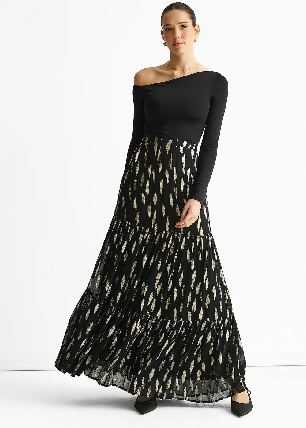 Gini London Black Clipped Jacquard Tiered Maxi Skirt - 8 Image 1