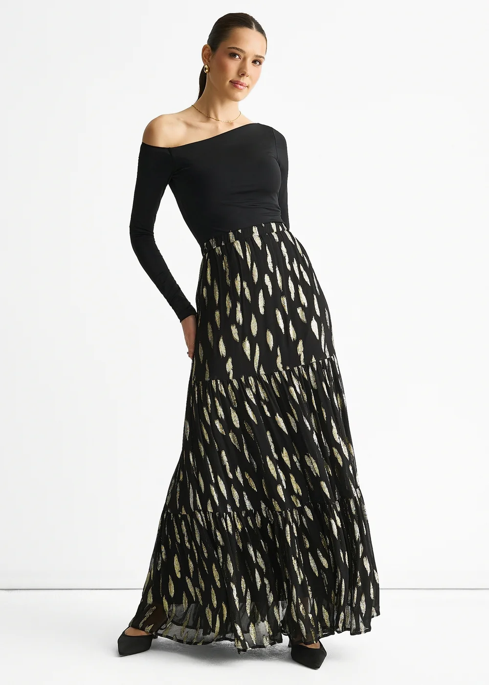 Gini London Black Clipped Jacquard Tiered Maxi Skirt - 8 Image 4