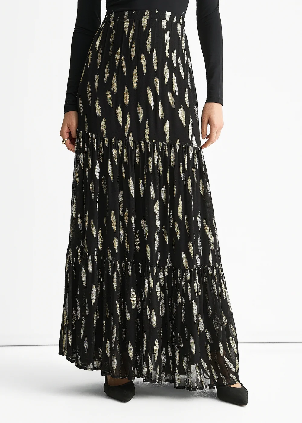 Gini London Black Clipped Jacquard Tiered Maxi Skirt - 8 Image 3