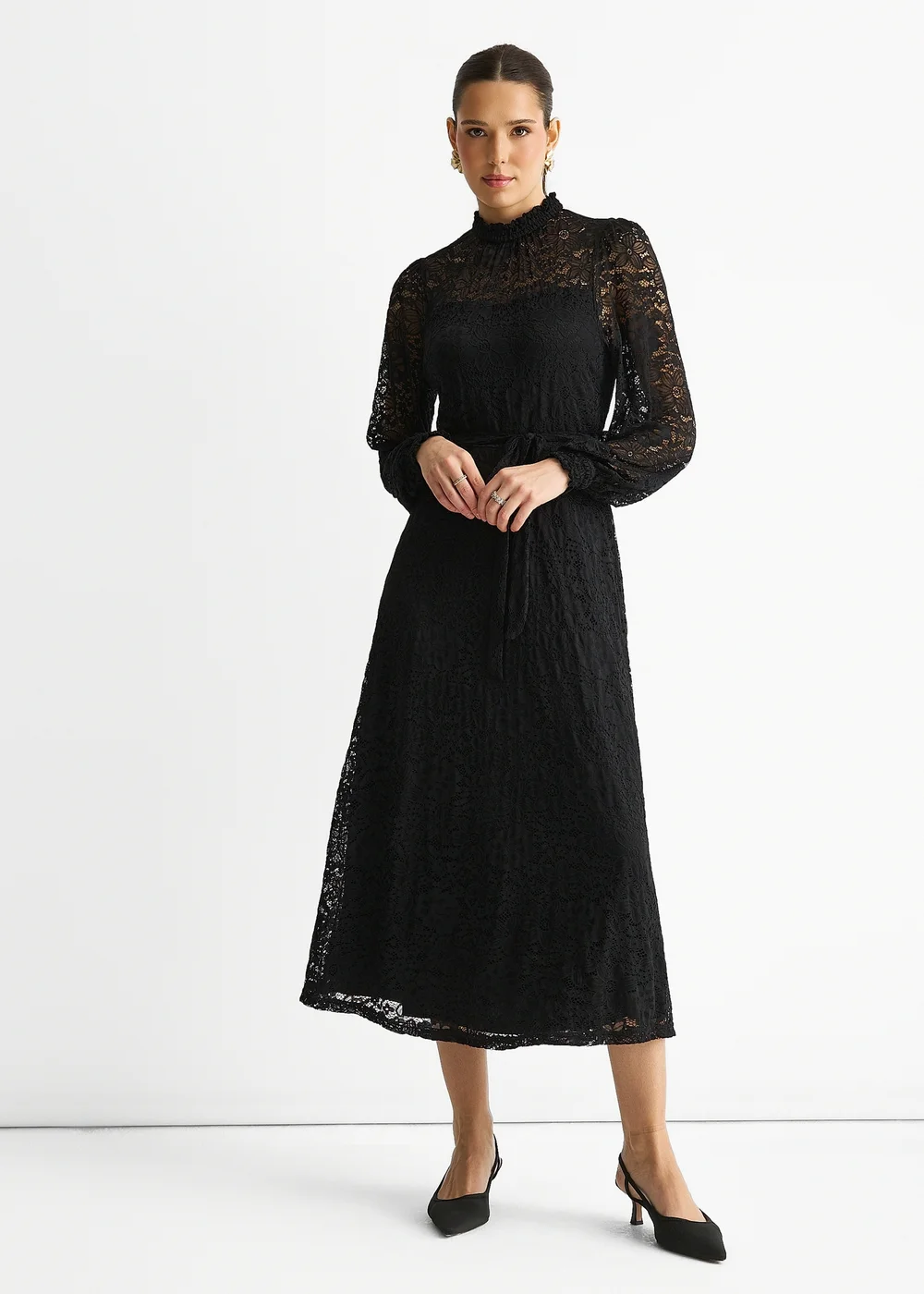 Gini London Black High Neck Jersey Lace Occasion Midi Dress - 8 | Matalan Gini London Black High Neck Jersey Lace Occasion Midi Dress - 8 | Matalan