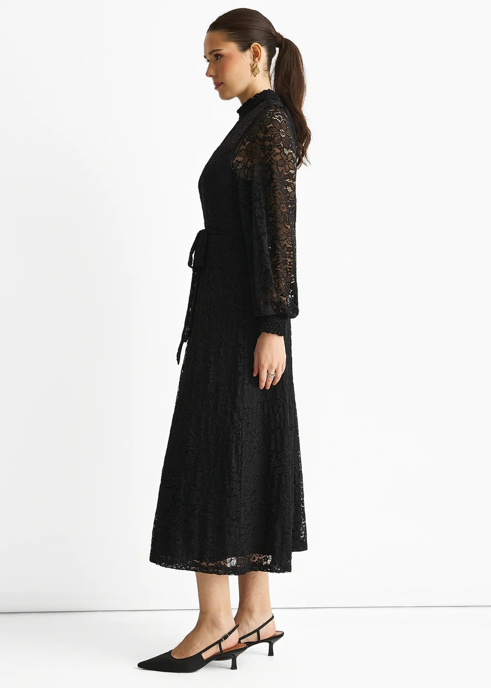 Gini London Black High Neck Jersey Lace Occasion Midi Dress - 8 Image 4