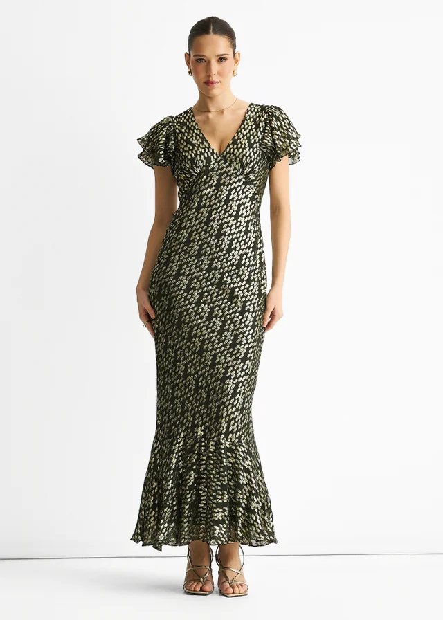 Gini London Dark Green Viscose Clipped Gold Jacquard Bias Cut Maxi Dress