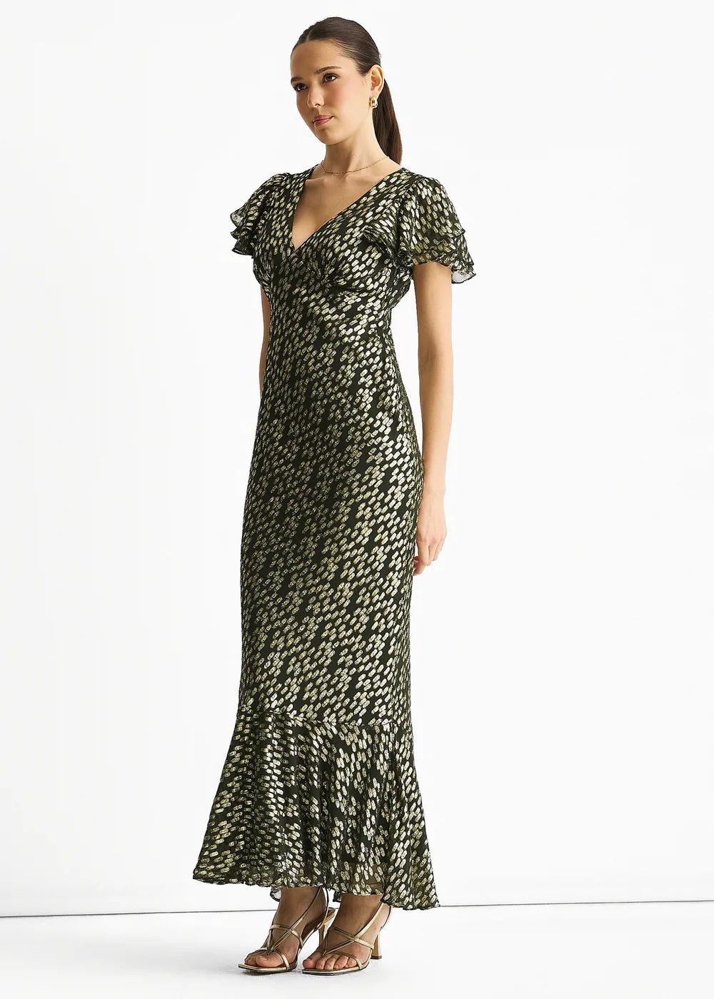 Gini London Dark Green Viscose Clipped Gold Jacquard Bias Cut Maxi Dress - 12 Image 5
